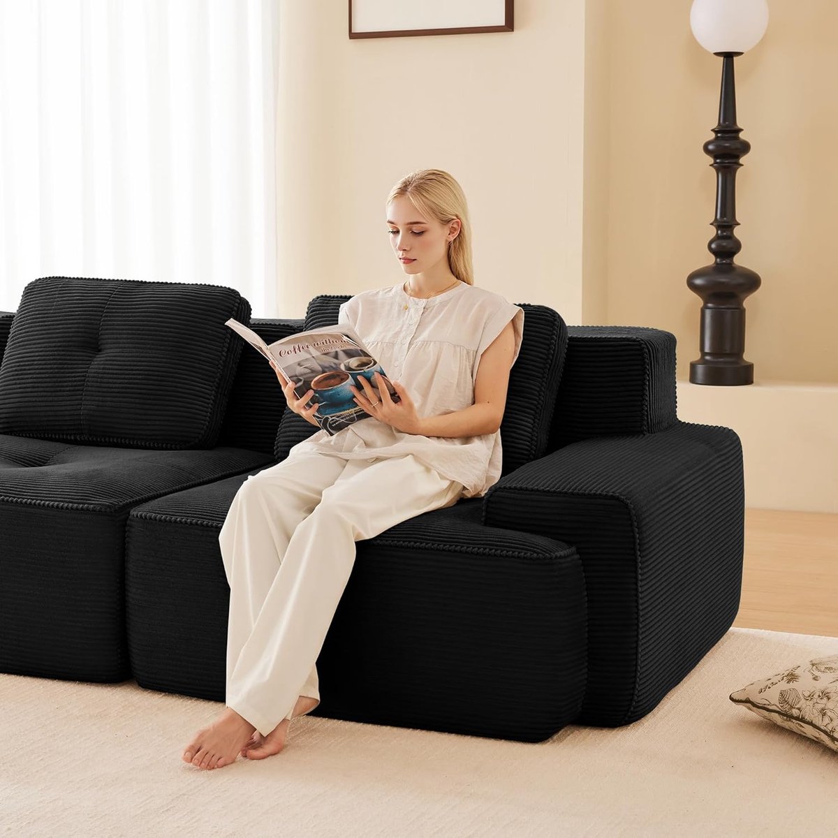 4-Zits Bank 204x104x69 cm Modulaire Sofa - zwart Cloud Bank Zonder Montage - Lage Lounge Zitbank met Diepe Zitting Corduroy - Vermissen