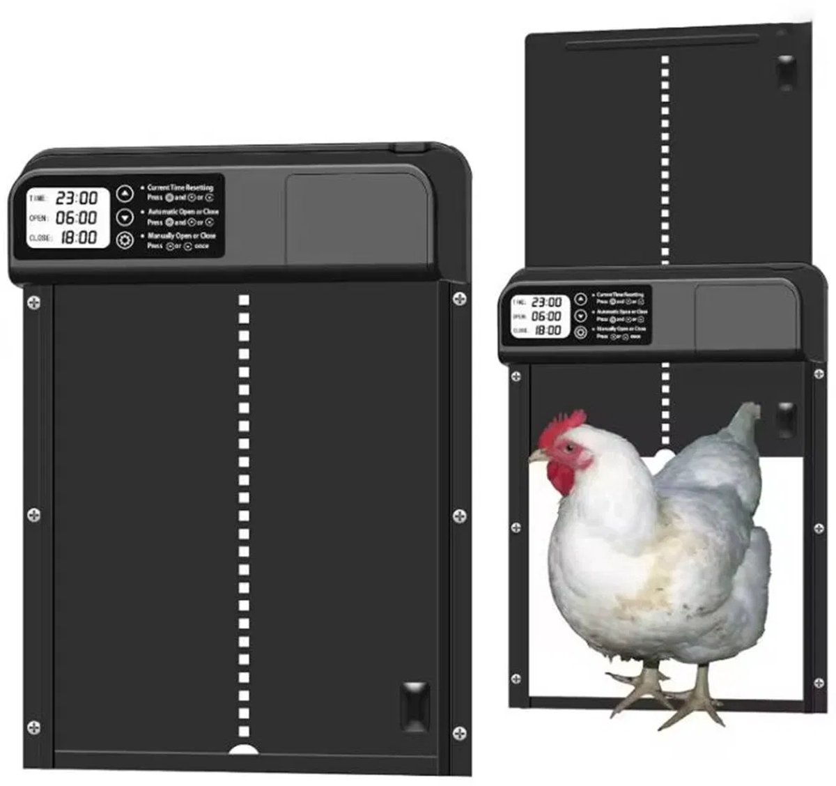 Smart Poultry Automatische Kippenhokdeur – Inclusief Batterijen, Timer en Montage Set – Kippendeur voor Kip en Pluimvee – LCD Display, Anti-Klem Veiligheid – Zwart