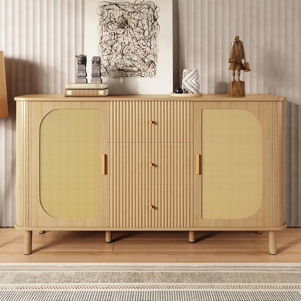 Modern Design Sideboard Dressoir met Lades en Planken, Houtlook, Ronde Vorm, Rattan Deuren, Gecurved Design en Metaal Poten met Houtnerf, 140 x 40 x 80 cm