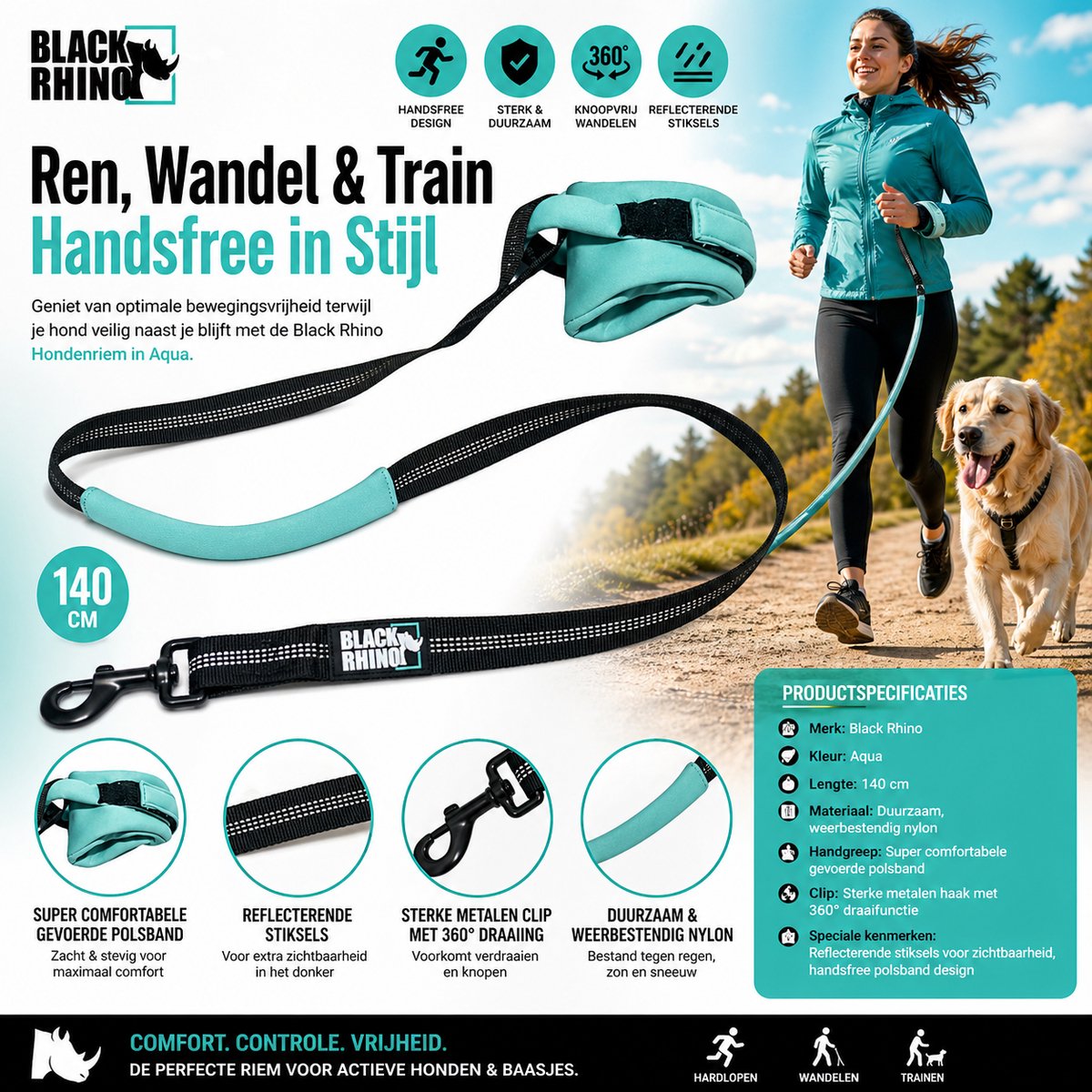 Black Rhino Hondenriem met Polsband – Aqua | 140cm Comfortabele Handsfree Hondenriem | Weerbestendig Materiaal, Super Comfortabele Polsband, Sterke Metalen Clip