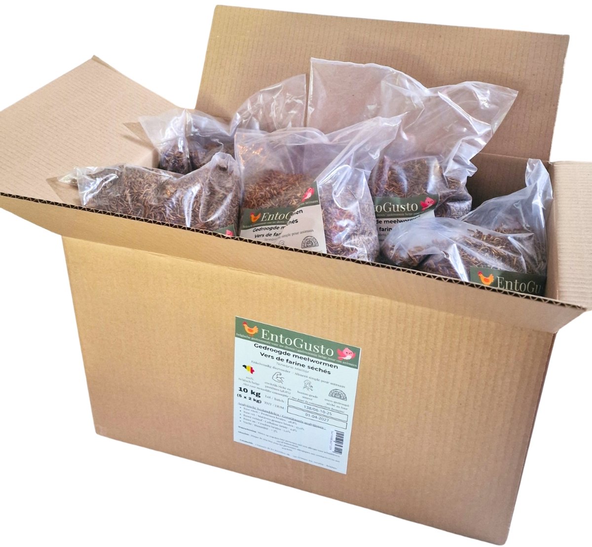 EntoGusto Gedroogde Meelwormen - 10kg (5x2kg Multipack) - Premium Vogelvoer & Kippenvoer - 100% Belgisch - Eiwitrijk