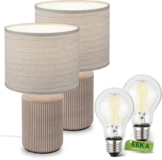 BRILONER INO - Set van 2 - Tafellamp met lichtbron - met stoffen kap & keramik voet - bedlamp slaapkamer - Ø22 x 37,5 cm - bruin