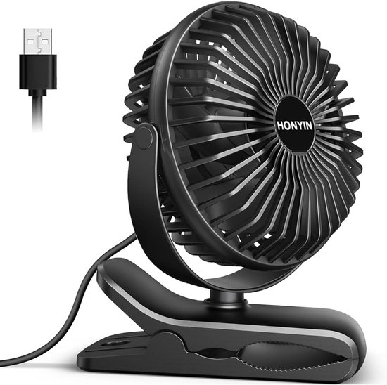 Mini USB-ventilator met clip 720° draaibaar, 3 snelheden, stil, sterke klem, tafelventilator voor kantoor en slaapkamer
