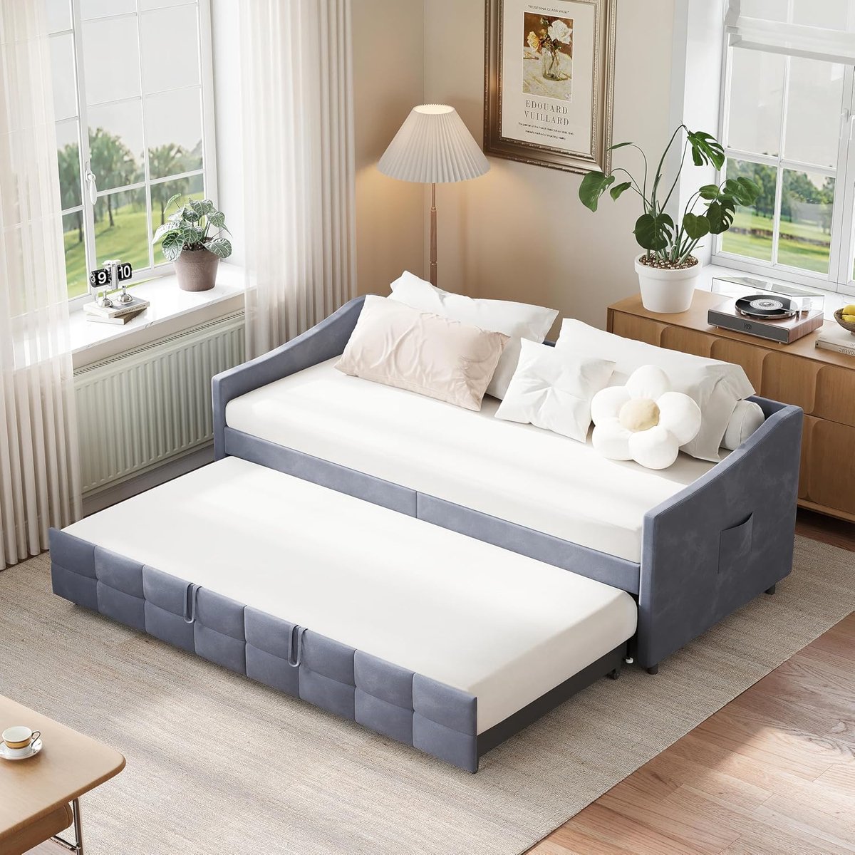 Slaapbank uittrekbaar 90/180 x 200 cm – Fluwelen 2-zits slaapbank met zijvakken – Ruimtebesparend dagbed / gastenbed – Grijs moderne slaapbank – BRILVERDE