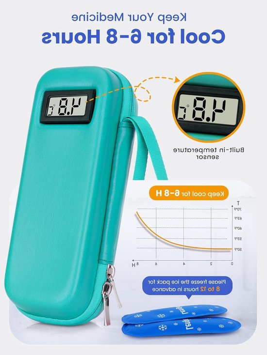 Insuline Koeltas met 2 Koelelementen - Met °C Temperatuurweergave - Diabetes Koeltas - Insulinepennen koeltas - Diabetische Reistas - Insuline Etui - Koelbox - Koeltasje Voor Op Reis - Koeltas voor Insulinespuit - Koelt Medicatie 6-8 uur lang - Groen — afbeelding 3