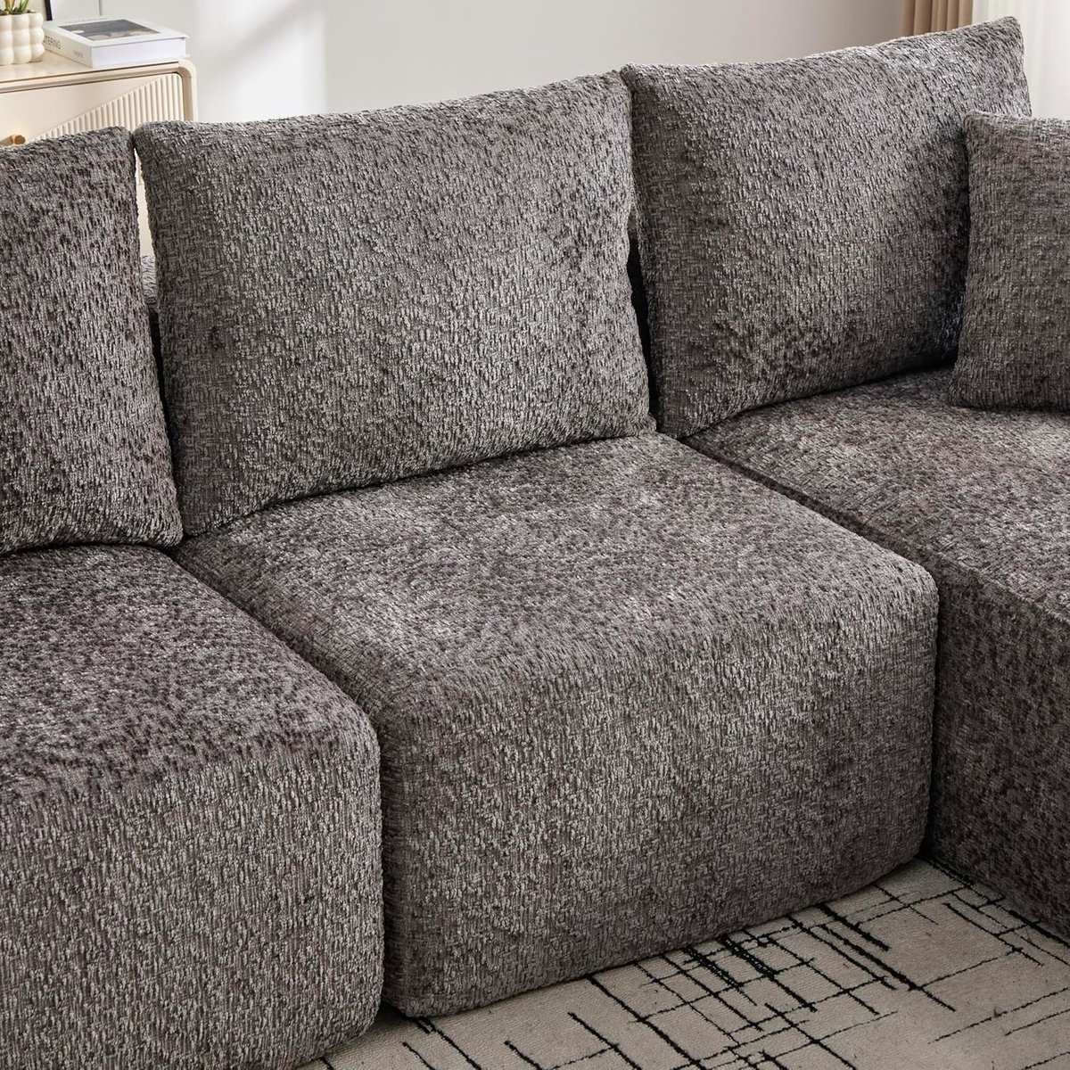 Hoekbank 261x165x80 cm L-Vorm Modulaire Bank - Grijze 3-Zits Sofa met Chaise Longue, Bekerhouders en Diepe Zitting - Zonder Montage - Vermissen