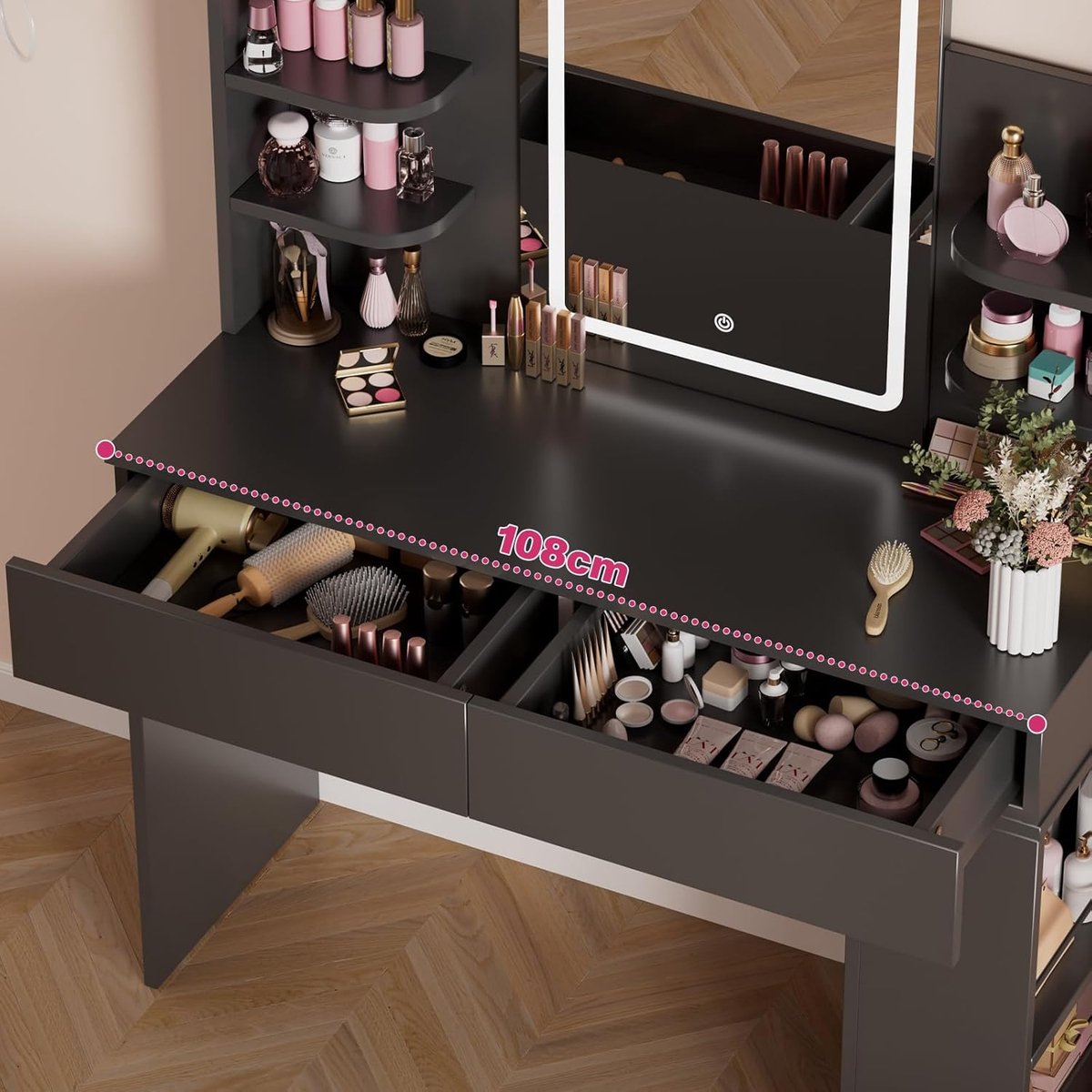 Luxe Grande Hollywood Kaptafel met Dimbare LED-Verlichting, 108 x 40 cm
