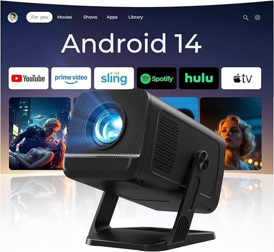 Mini Beamer Android 14 met 4K HDMI, Wi-Fi 6, Bluetooth 5.4, Ultra Short Throw, Auto Keystone, draaibare voet