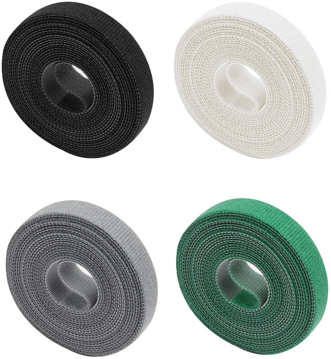 Allecto - Plantenbinders - Herbruikbare klittenband - 4 rollen - Groen, grijs, wit, zwart - 15 mm diameter - Weerbestendig - Geschikt voor tuinieren