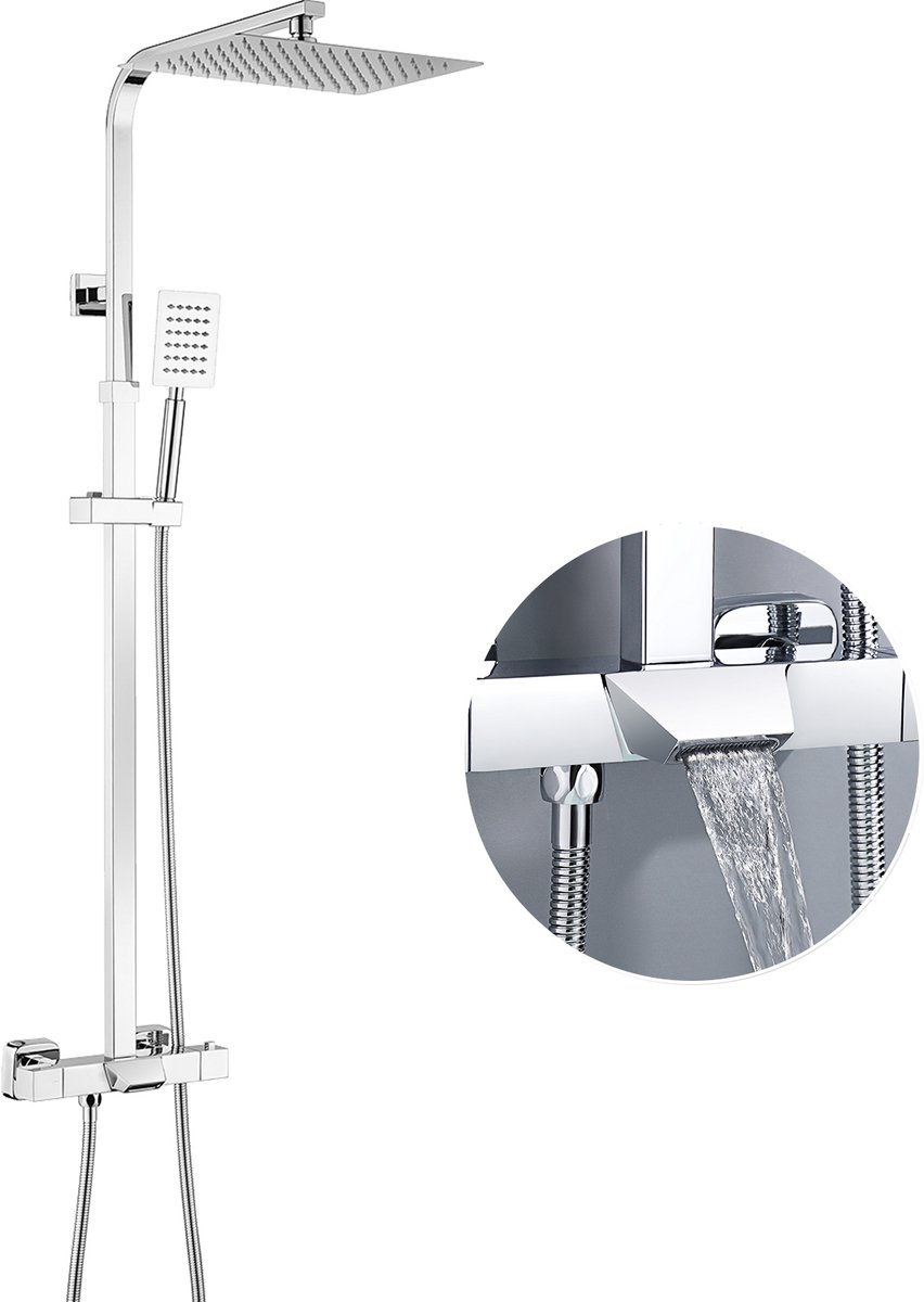 DERW Max Regendouche RVS - Doucheset met Thermostaatkraan - 12 inch Douchekop - Inclusief Neerwaartse Waterval Mengkraan - Waterbesparend - Hoogte Verstelbaar 98-129 cm - Chroom