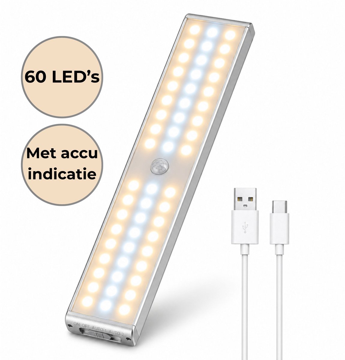 AXIMO Kastverlichting met Bewegingssensor – USB oplaadbaar en Accu indicatie - 60 LED Warm White/Cool White - Keukenverlichting onderbouw - Instelbare sterkte - Draadloos
