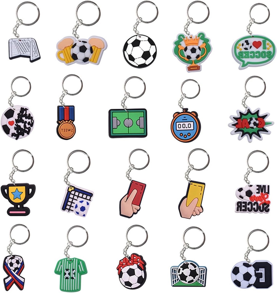 Voetbal Sleutelhanger Set van 20 Stuks, Cartoon Sleutelhangers van Siliconen, Mini Sleutelhangers voor Kinderen, Feestcadeau voor Jongens en Meisjes