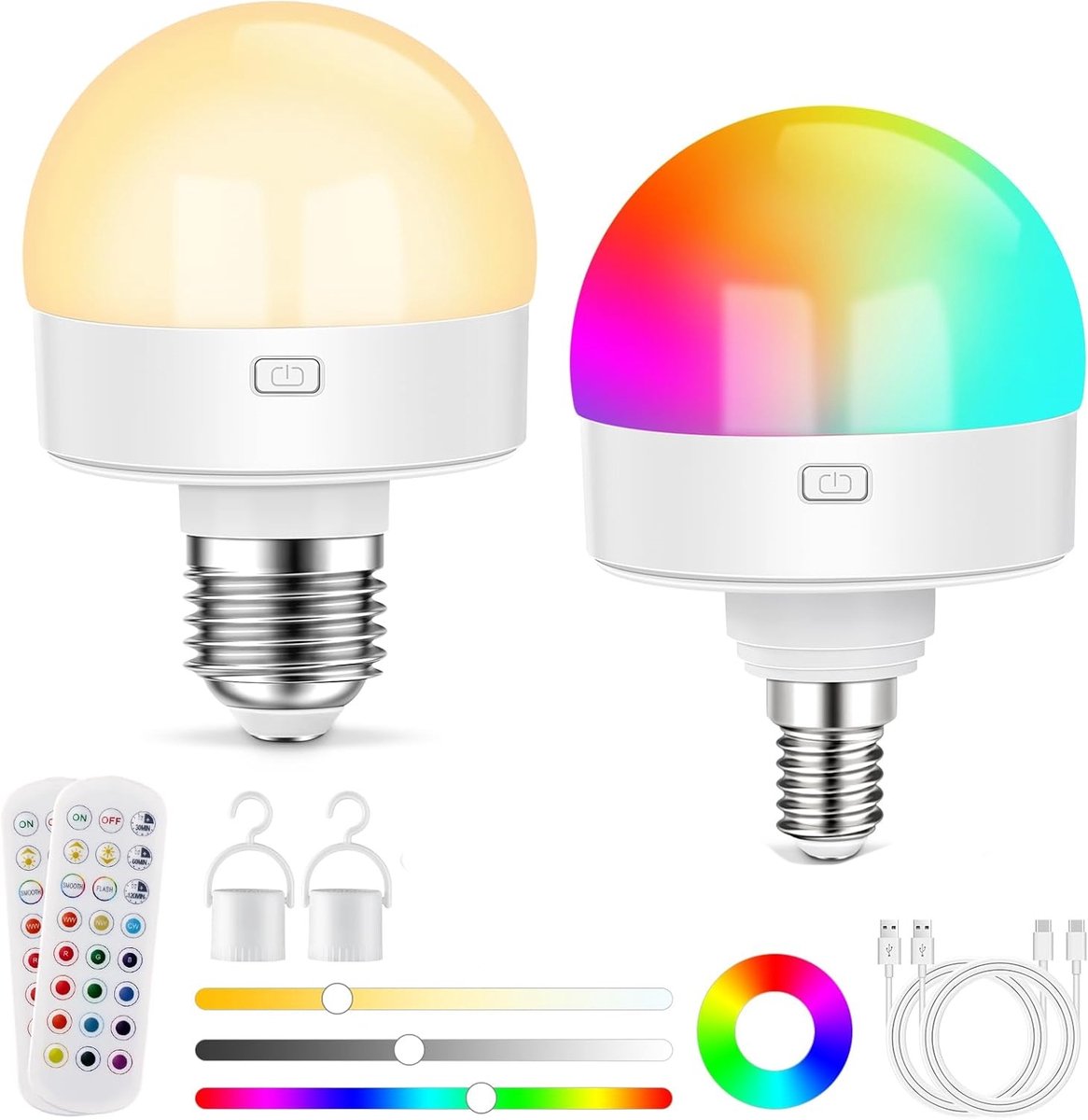 carmdering - USB-C Oplaadbare Lamp - Herlaadbare Bulb - LED Lamp - Afneembare 1800mAh Batterij - Dimbare RGB Verlichting - Duurzaam ABS Plastic - Magnetische E27 Basis - Veelzijdige Toepassing Binnen Buiten - 2 Stuk