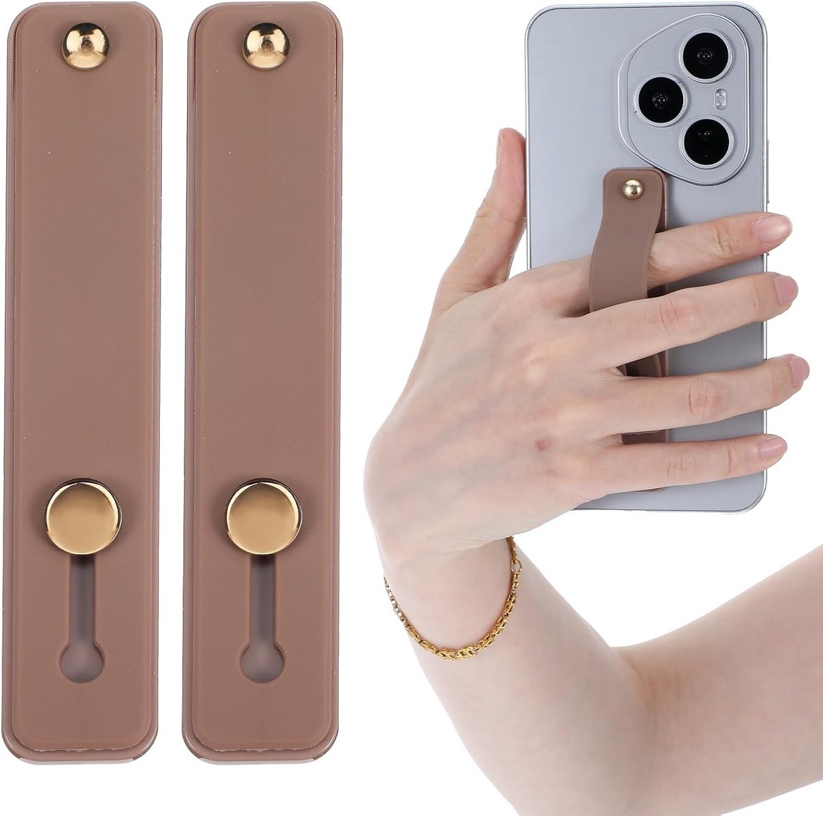 2 Stuks Mobiele Telefoon Vingerhouders, 10 x 2 cm, Verstelbare Siliconen Lussen voor Smartphones - Handige Grip en Comfortabele Gebruikservaring (Koffiekleur)