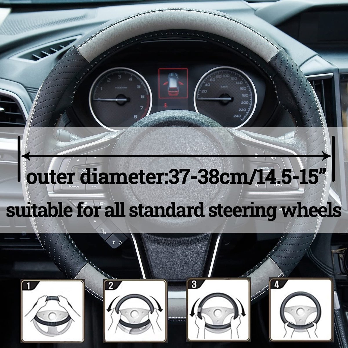 Virtubuy - Stuurwielhoes - Universele Stuurwielcover - Goede grip - Grijs - Auto accessoires - Verhoogd comfort - Geschikt voor 37-38 cm stuurwiel
