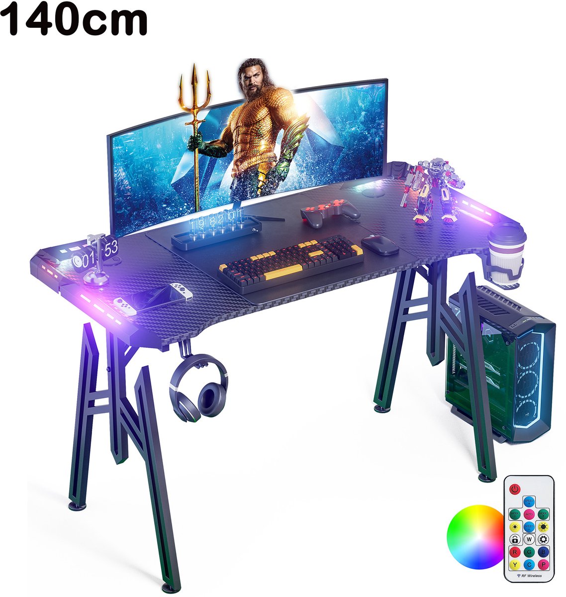 Gaming Bureau 140 cm met RGB LED – Computerbureau met Carbon Look – M-Frame – Zwart