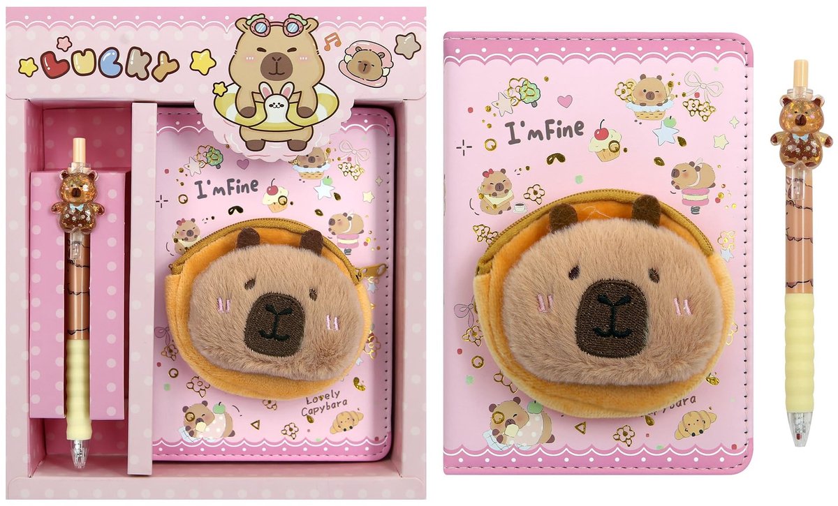 Allecto - 2-in-1 Plush Capybara Theme - Schattige Notitieboek Set - Perfect voor Kinderen - A6 Formaat - Hoofdzakelijk Roze - Diarienotitieboek - C...