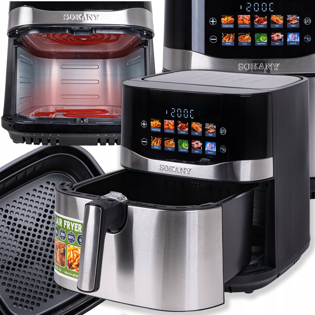 SOKANY SK-10095 Digitale Airfryer XXL - 10 Liter - 2200W - Dubbel Verwarmingselement (Boven & Onder) - LED Touchscreen - 80-200°C - Gezond Frituren zonder Olie
