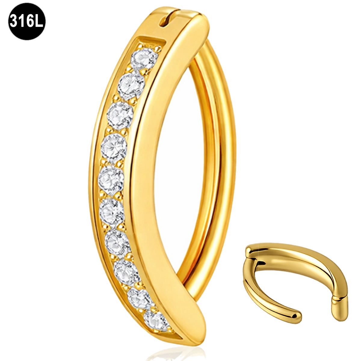 Clicker navelpiercing - steentjes - 316L Chirurgisch Staal – 1.6mm x 10 mm - Goud Kleurig