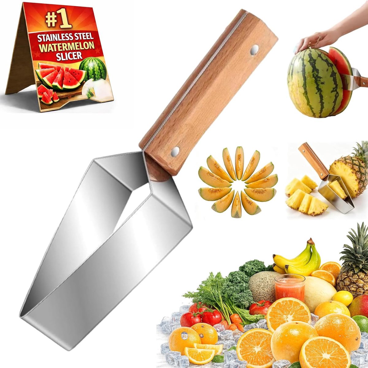 Watermeloen Snijder RVS - Meloensnijder met Houten Handvat - Nieuw Driehoekig Model 2026 - Fruitsnijder voor Watermeloen, Cantaloupe, Ananas & Meloen - Blokjessnijder - Keukenhulpjes Meloen - Zomer Keuken Accessoires en Gadgets - SOLLBRY®