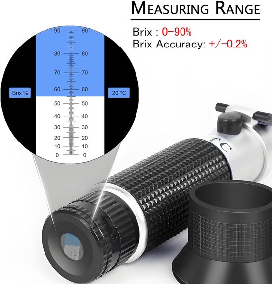 Close-up van de Brix-meter met een vergroot beeld van de schaal, die 0-90% Brix aangeeft. De tekst 'MEASURING RANGE' staat erboven.