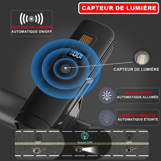 Fietsverlichting met lichtsensor en digitaal display, oplaadbare LED-verlichtingsset voor fietsen - extra heldere voor- en achterlamp, fietszaklamp — afbeelding 3