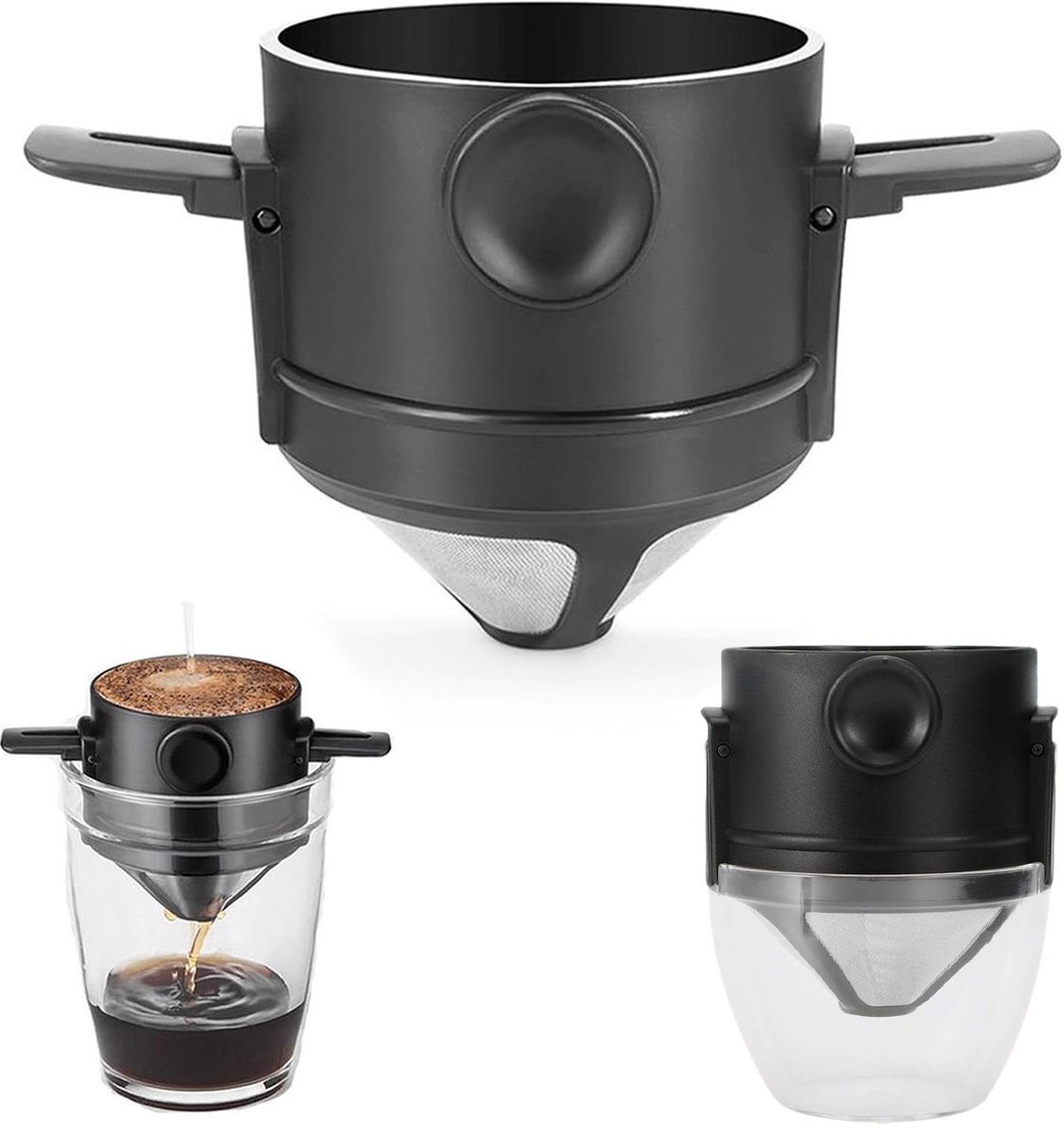 Koffiefilter - Koffiefilterhouder - Koffiefilter Herbruikbaar - RVS Koffiefilter - Opvouwbare Koffiedruppelaar - Papierloos Koffiezetapparaat - Voor Reizen & Kamperen - Zwart - 1 Stuk
