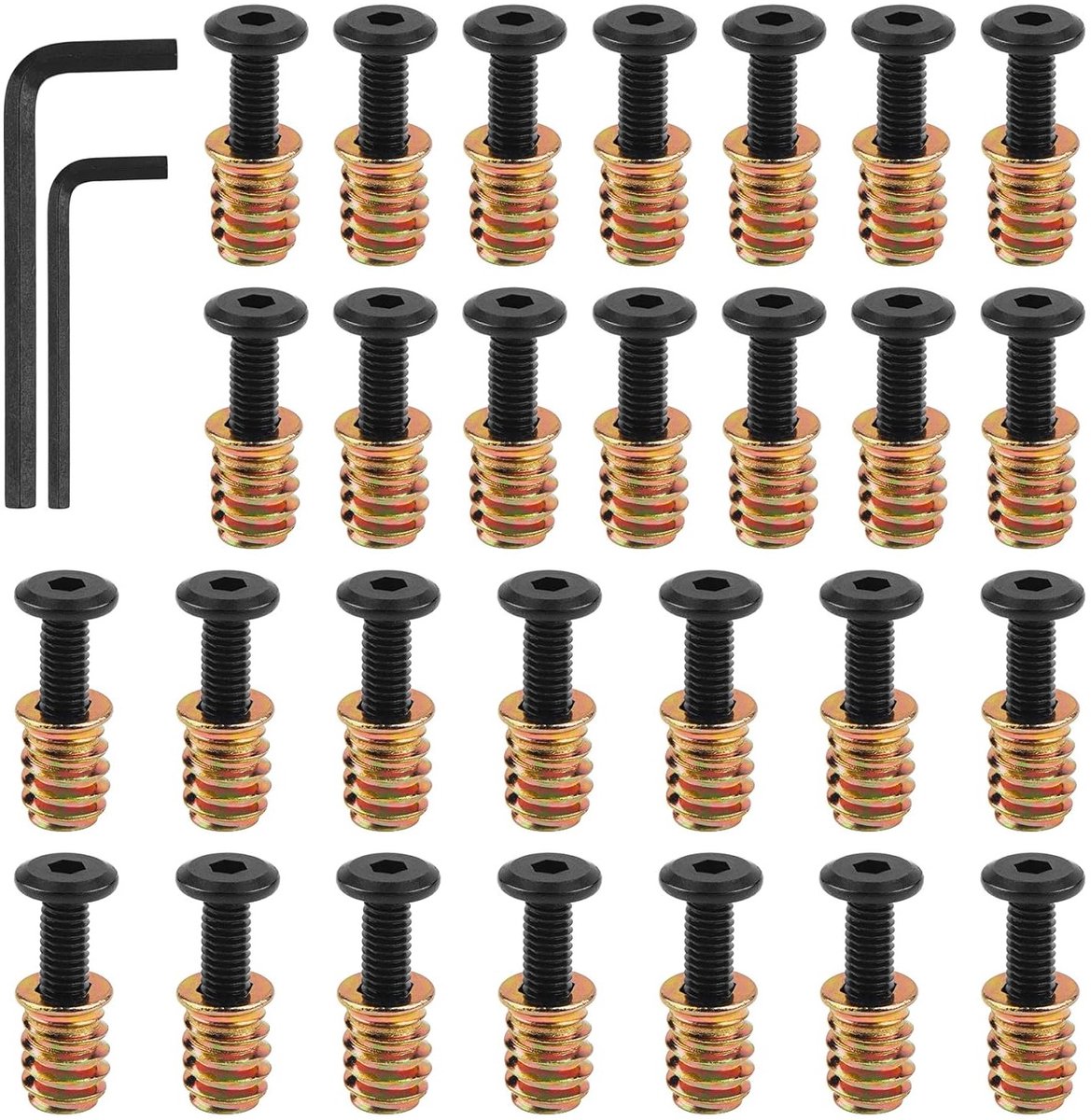 Set van 28 Houtschroef Draadinvoeren met Platte Kop en Moeren voor Houten Meubels, M6 x 20 mm met Inbussleutel voor Doe-Het-Zelf Verbindingen