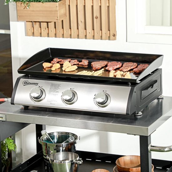 Gasbarbecue - Tafelmodel Gasbarbecue en Gasgrill - 3 Branders - 7,5 kW - met Deksel, Vetopvangbak, Antiaanbakplaat - 63 x 47 x 25 cm - Zwart + Zilver van Merkloos — afbeelding 4