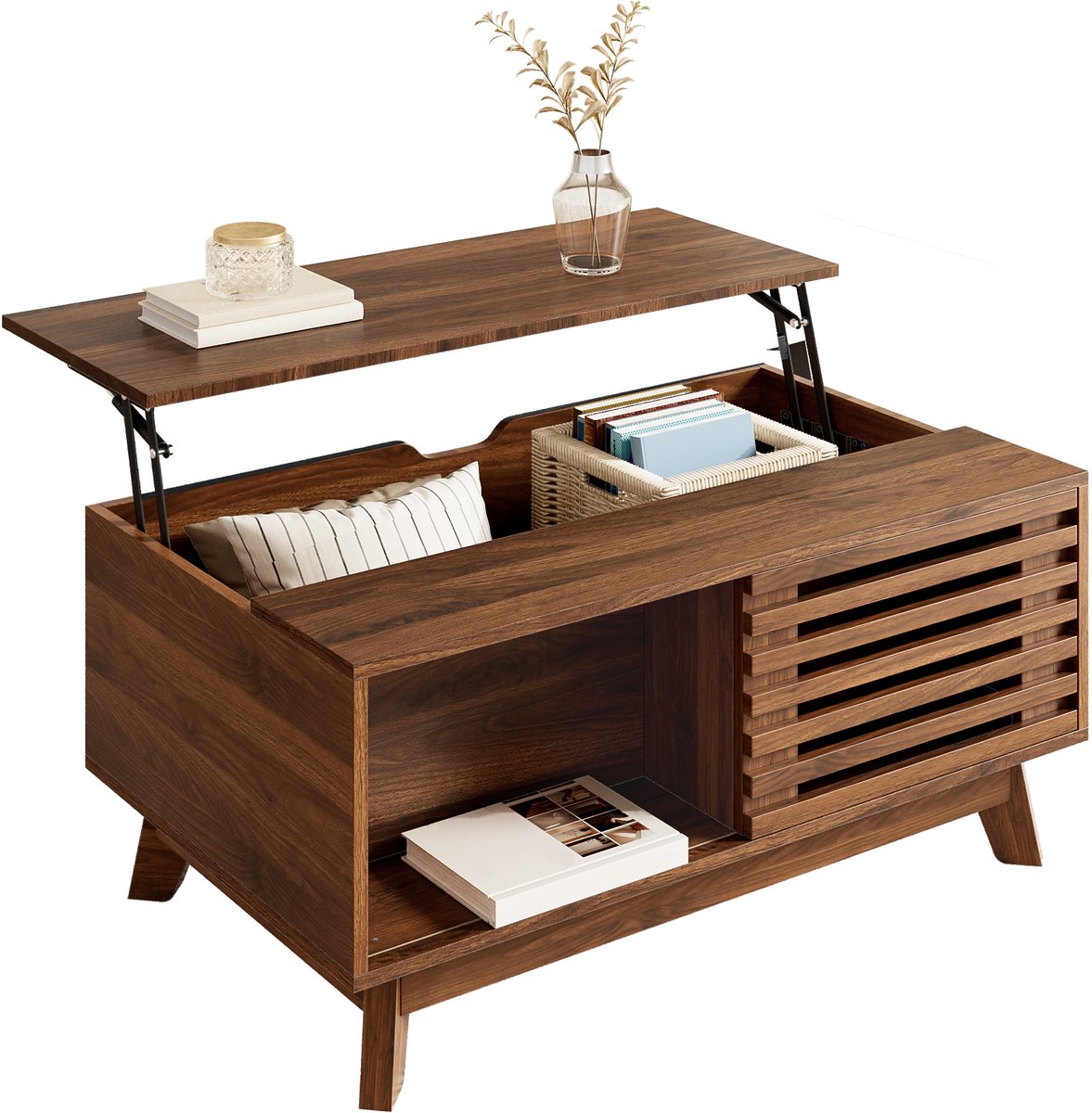 Clruro Salontafel - Liftfunctie Met Jalousiedeur - Walnootlook - MDF - Walnootkleur