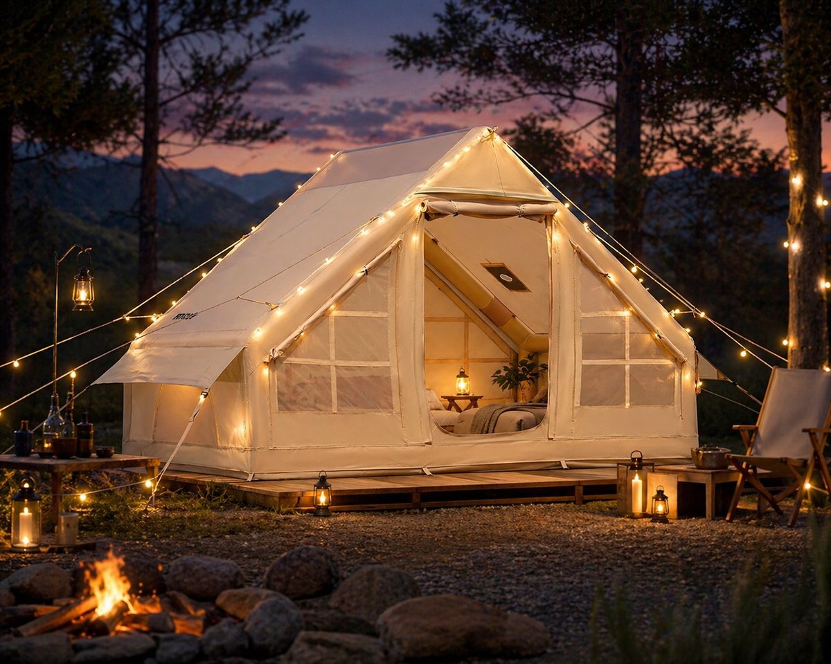 Zolara Glamping tent - Opblaasbare Tent - 4x3,1m - Kampeertent 3-4 Personen - Gezinstent - Met Pomp - Waterdicht Glamping Tent- Snel Opzetbaar - Festival - Festivaltent - Beige