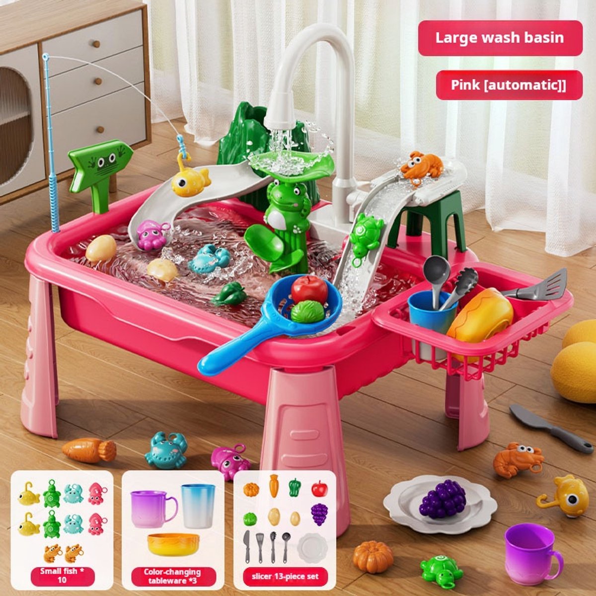 2-in-1 elektrische keukenwasser speelgoed - voor peuters van 3-8 jaar - Multifunctionele watertafel met stromend water en waterpomp - Vismetspel, keukenrollenspel, met accessoires voor eten en servies, verjaardagscadeau voor jongens en meisjes - geel — afbeelding 2