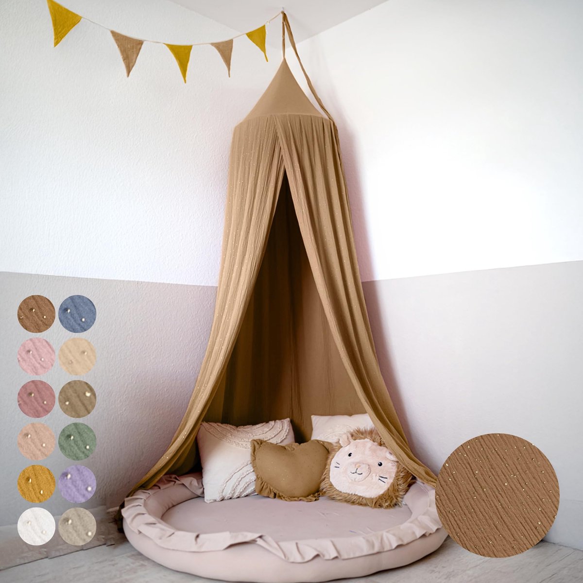 LILIMAUS Klamboe baby met gouden details - bedhemel en hemeltje kinderkamer - mousseline katoen - 245 cm - bruin