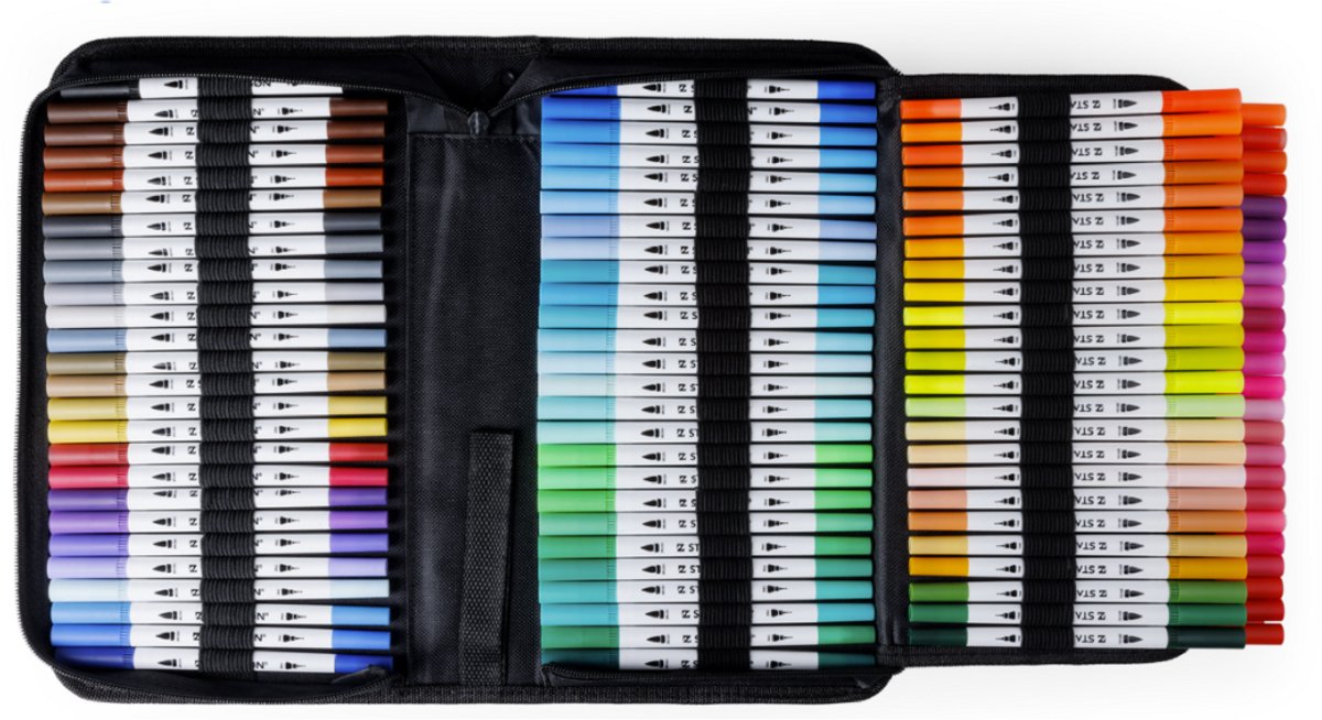 STARKSØN 100 Twinmarkers + 2 Accessoires Teken Set - Markeer Stiften - Brush Pennen - Dual Tip Markers Voor Kinderen & Volwassenen - Incl. Opbergtas & Schetsboek