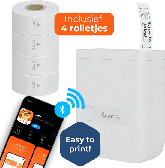 Denver MBP16 Draagbare Bluetooth Labelprinter 15x40mm Thermisch Printen Smartphone USB-C 4 Rollen