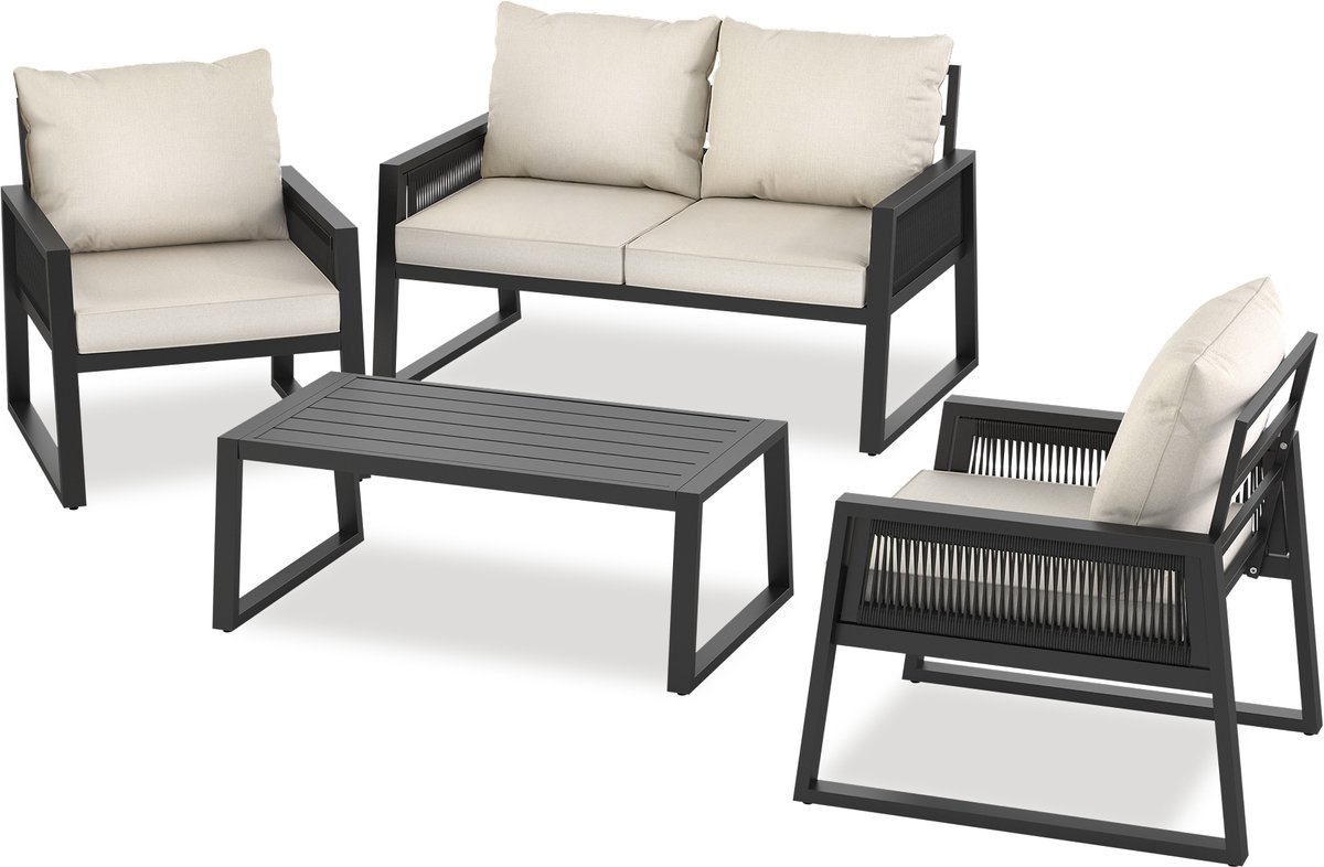 tectake® Rope Design Loungeset voor Tuin, Terras of Balkon - Tuinset met 2 Tuinstoelen, 1 Tuinbank en 1 Tafel in Houtlook - Inclusief Weerbestendige Kussens - Aluminium Frame met in Hoogte Verstelbare Voetjes - 4 Personen