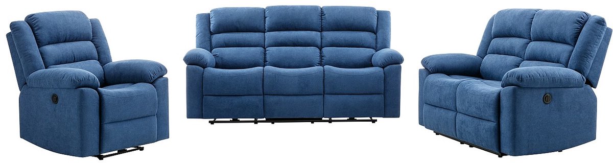 Vente-unique Elektrische driezits- en tweezits-relaxbank en -fauteuil van blauwe stoffen bekleding BUROLO