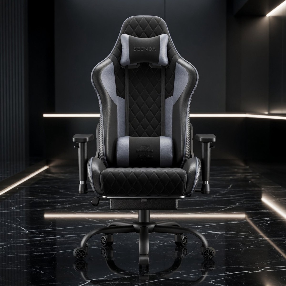 Ergonomische Gaming- & Bureaustoel met Voetsteun en 145° Verstelbare Rugleuning – Mobili Bella ProRace Comfort Gamingstoel met Metalen Frame, 2D Armleuningen, Lenden- & Hoofdsteun, tot 150 kg – Zwart & Grijs Carbon Design