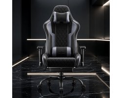 Ergonomische Gaming- & Bureaustoel met Voetsteun en 145° Verstelbare Rugleuning – Mobili Bella ProRace Comfort Gamingstoel met Metalen Frame, 2D Armleuningen, Lenden- & Hoofdsteun, tot 150 kg – Zwart & Grijs Carbon Design
