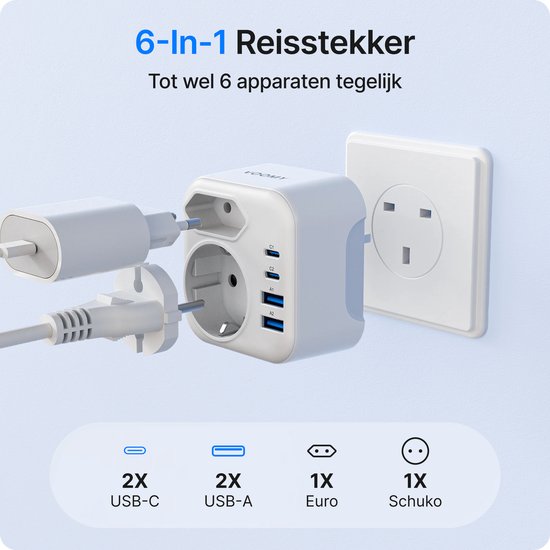 6-in-1 reisstekker, tot 6 apparaten tegelijk, 2x USB-C, 2x USB-A, 1x Euro, 1x Schuko.