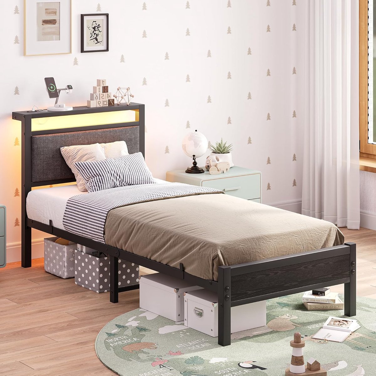 Gestoffeerd Bed 90x200 cm met LED en USB Laadstation – Zwart Donkergrijs Metalen Bedframe met Hoofdbord, Lattenbodem en Opbergruimte, Geluidsvrij Eenpersoonsbed – Vermissen