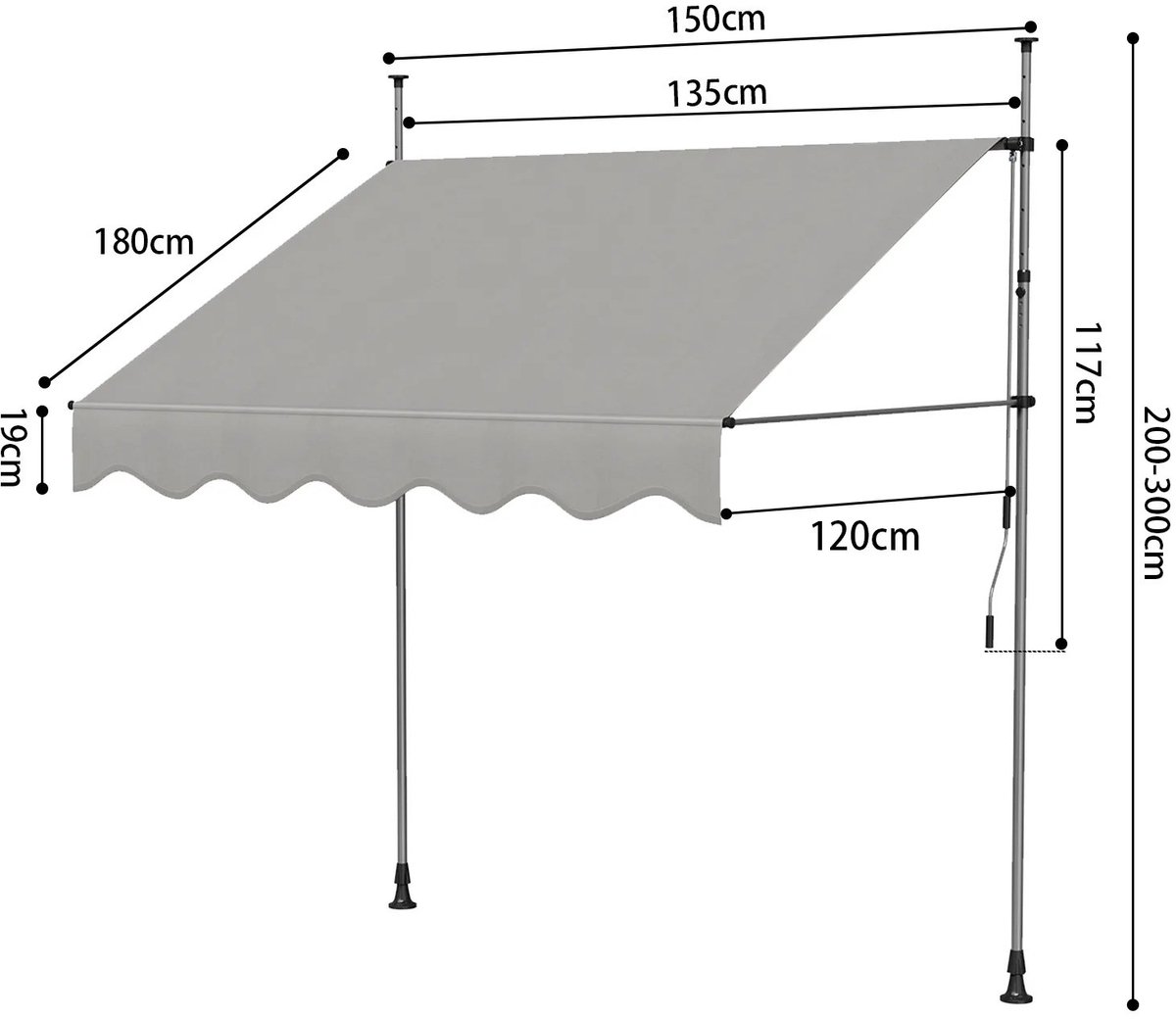 Innovastore HandmatigeLuifel - Luifel - Zonneluifel - Zonnescherm - Intrekbare luifel - Verstelbaar - Handmatig - Grijs - 150cm