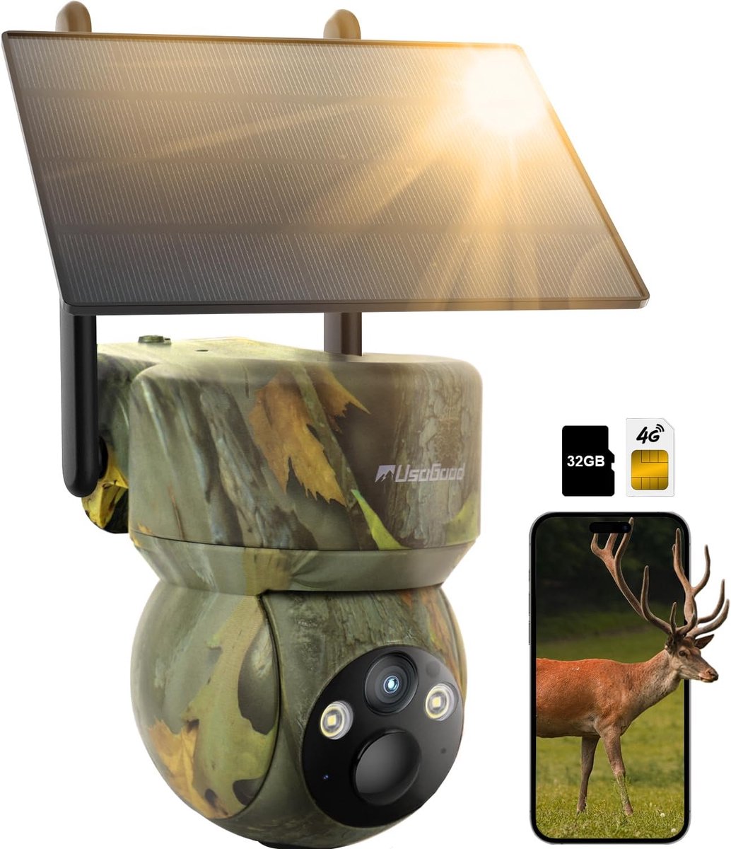 usogood 4G LTE-wildcamera op zonne-energie - 360° 2K - met simkaart en 32 GB geheugenkaart - app voor mobiele gegevensoverdracht - waterdicht - 7800 mAh-batterij