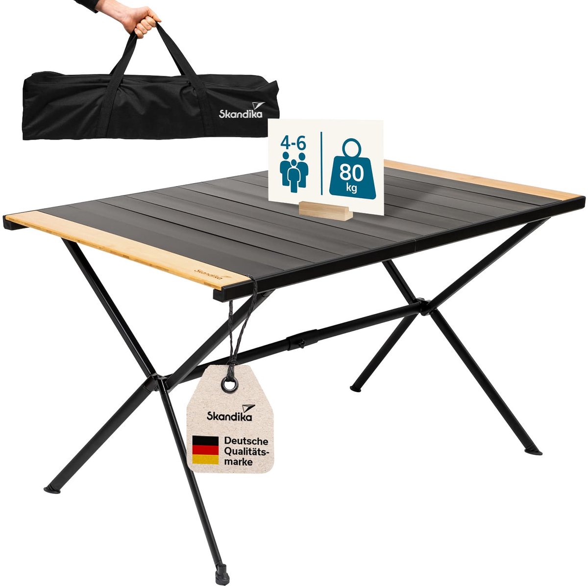 Skandika kampeertafel Tivaro - Aluminium kampeertafel met hout, voor 6 personen, draagvermogen 80 kg, waterbestendig, roestvrij, inklapbaar, licht, oprolbaar tafelblad | Vouwtafel voor tuin, camping, vissen