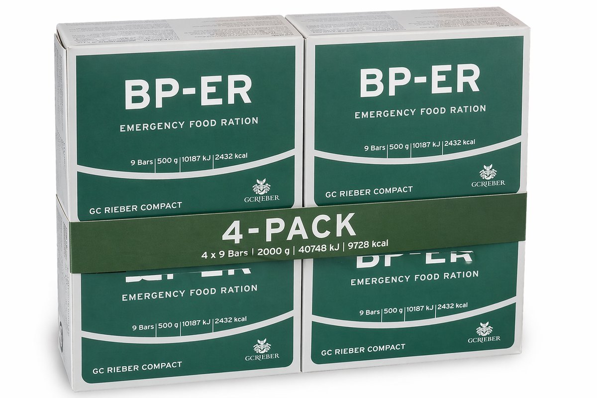Cover van BP-ER - Noodpakket 4 Dozen - Noodvoeding | Survival Voeding [4 x 500g] + extra vitaminen Energierijke outdoor noodrantsoenen I Prepper en Survival voeding | 9500 Calorieën | Extreem lang houdbare noodvoorraad