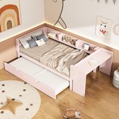 Lit Simple Avec Lit Gigogne - 90x200 Cm - Lit Enfant Avec Bureau Et 3 Étagères - Rose - Sans Matelas