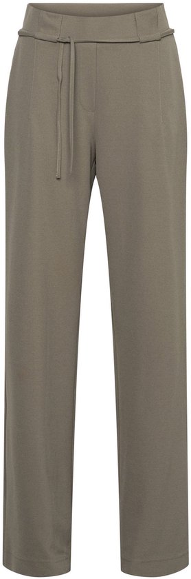Olijfgroene pantalon met wijde pijpen, strikceintuur en trekkoord.