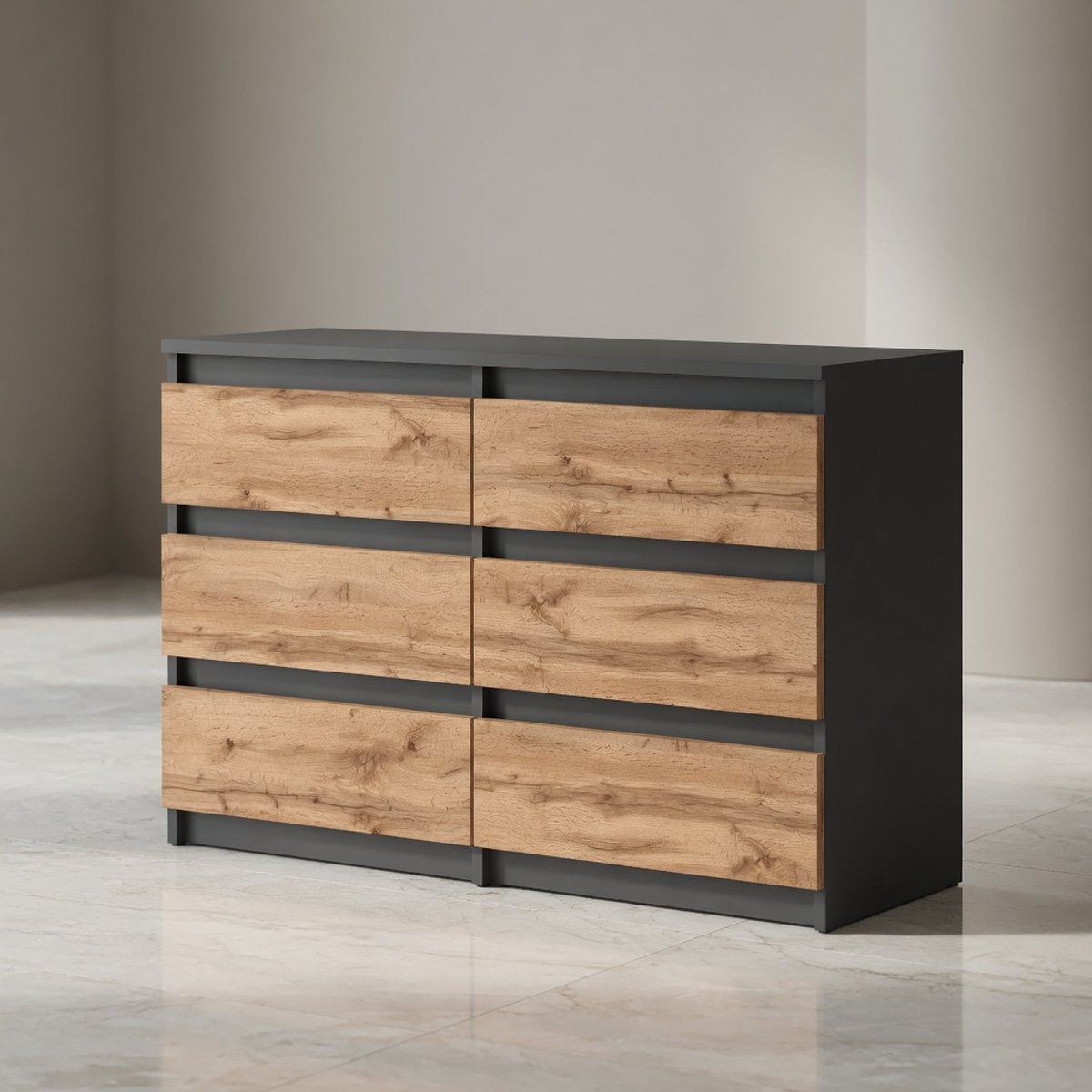 Moderne 6-Laden Ladekast Commode Dressoir – Mat Grijs Wotan – Slaapkamer & Woonkamer Opbergkast 100x71,5x33,5 cm – Mobili Bella