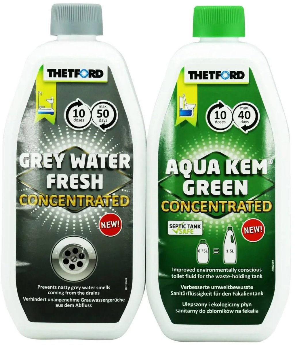 Complete Set Camping Toiletvloeistof Chemische Toiletvloeistof 0,75 L Aqua Kem Green & 0,80 L Grey Water Fresh voor Camper en Draagbaar Toilet – Krachtige Geurbestrijding & Milieuvriendelijk