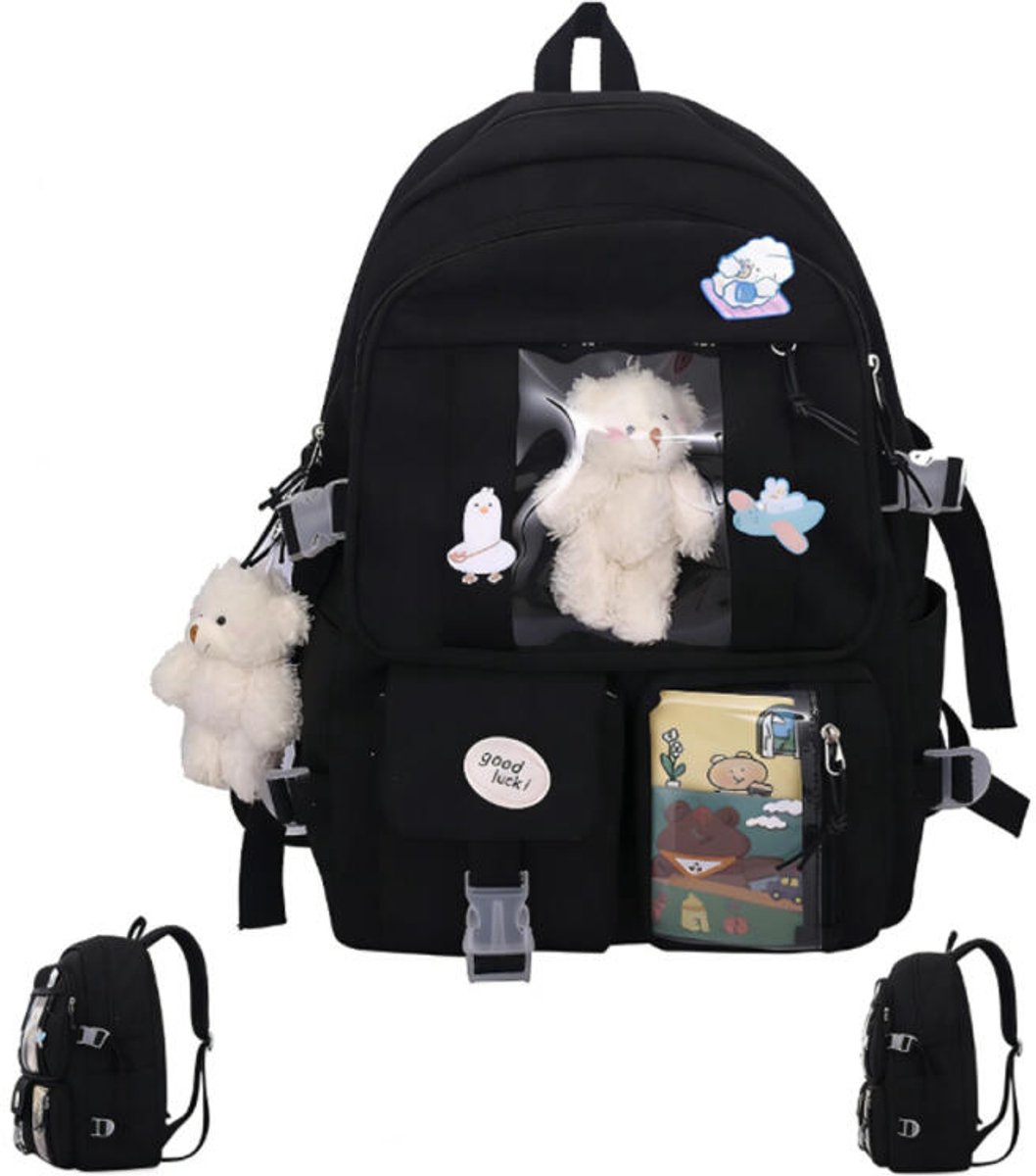 Kawaii schoolrugzak Geschikt Voor meisjes - Rugzak Meisje Met Pin en Accessoires - Rugtas Meisje - Kawaii-rugzak - Waterdichte rugzak Geschikt Voor meisjes - lichtgewicht schooltas - zwart